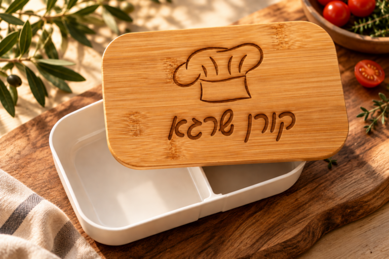 קופסת אוכל עם מכסה מעץ בחריטה אישית