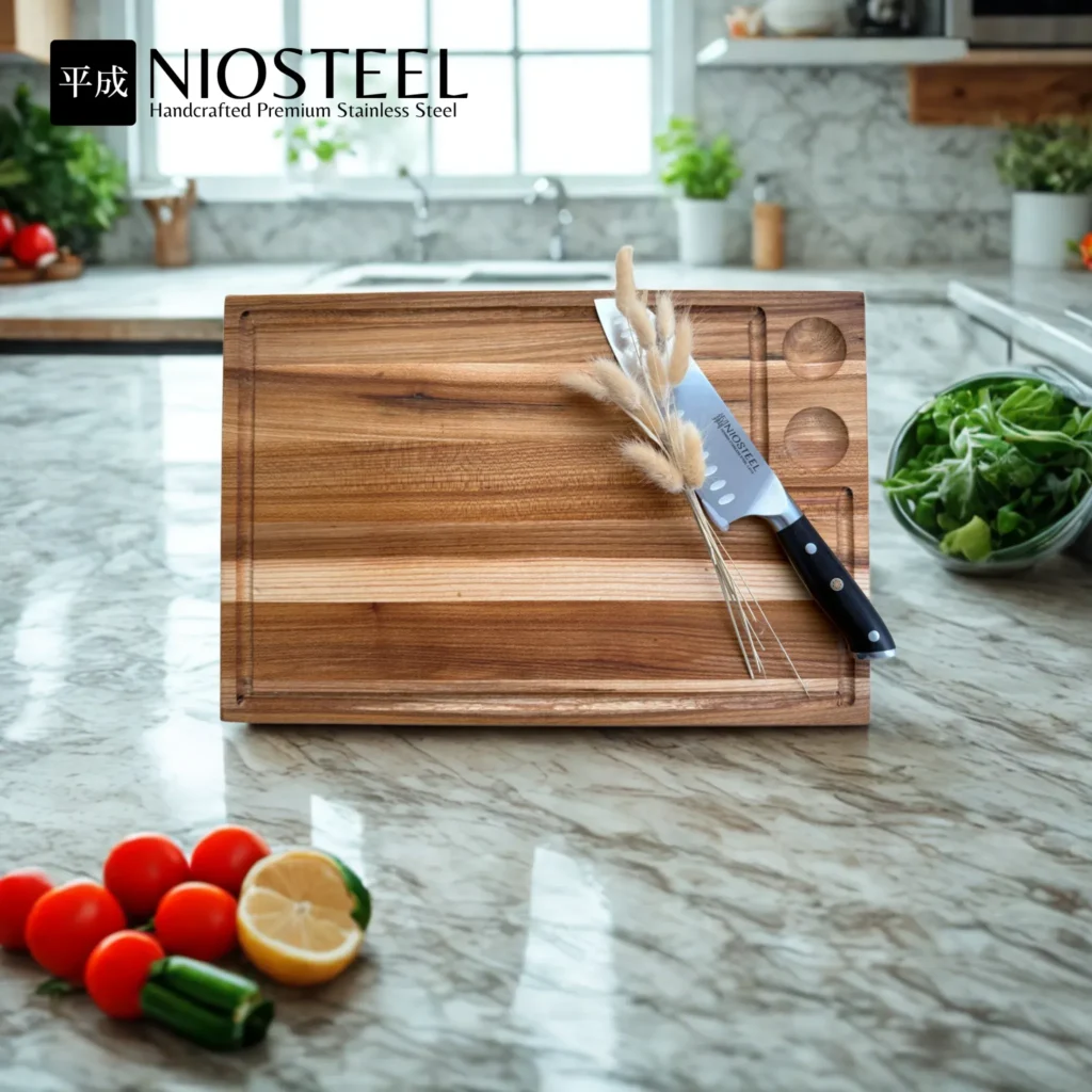 קרש חיתוך בוצ'ר בלוק וסכין סנטוקו עם חריטה NIOSTEEL