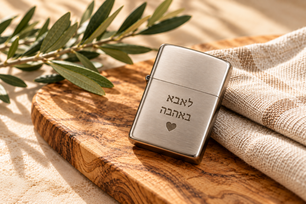 מצת מתכת עם חריטה אישית "לאבא באהבה" ולב חרוט, מונח על ספר עור בגוני חום