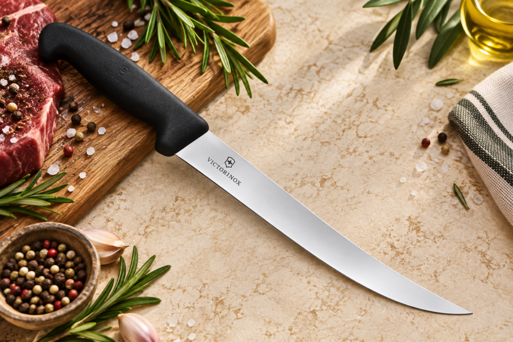 סכין בשר להב גבוהה עם חריטה ויקטורינוקס Victorinox סכין קצבים עם חריטה, בעלת להב מעוגל באורך 25 ס"מ (להב גבוה) סכין בשר של חברת ויקטורינוקס Victorinox