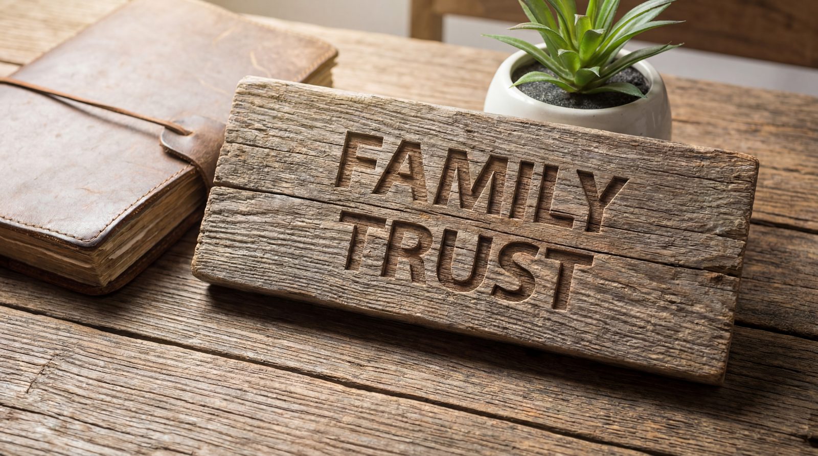 שלט עץ חרוט עם המילים FAMILY TRUST